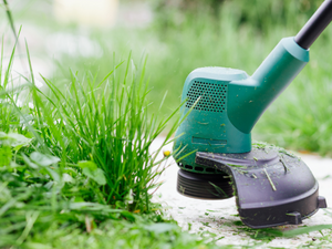 A gardener using a grass trimmer cutting grass along a stone pathway in a garden.