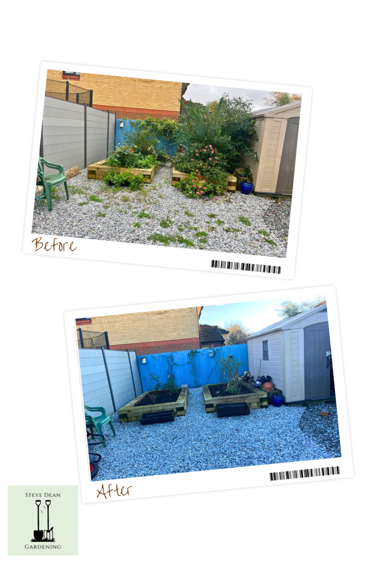 Before and after images of a garden area showing improved landscaping and organised planters.